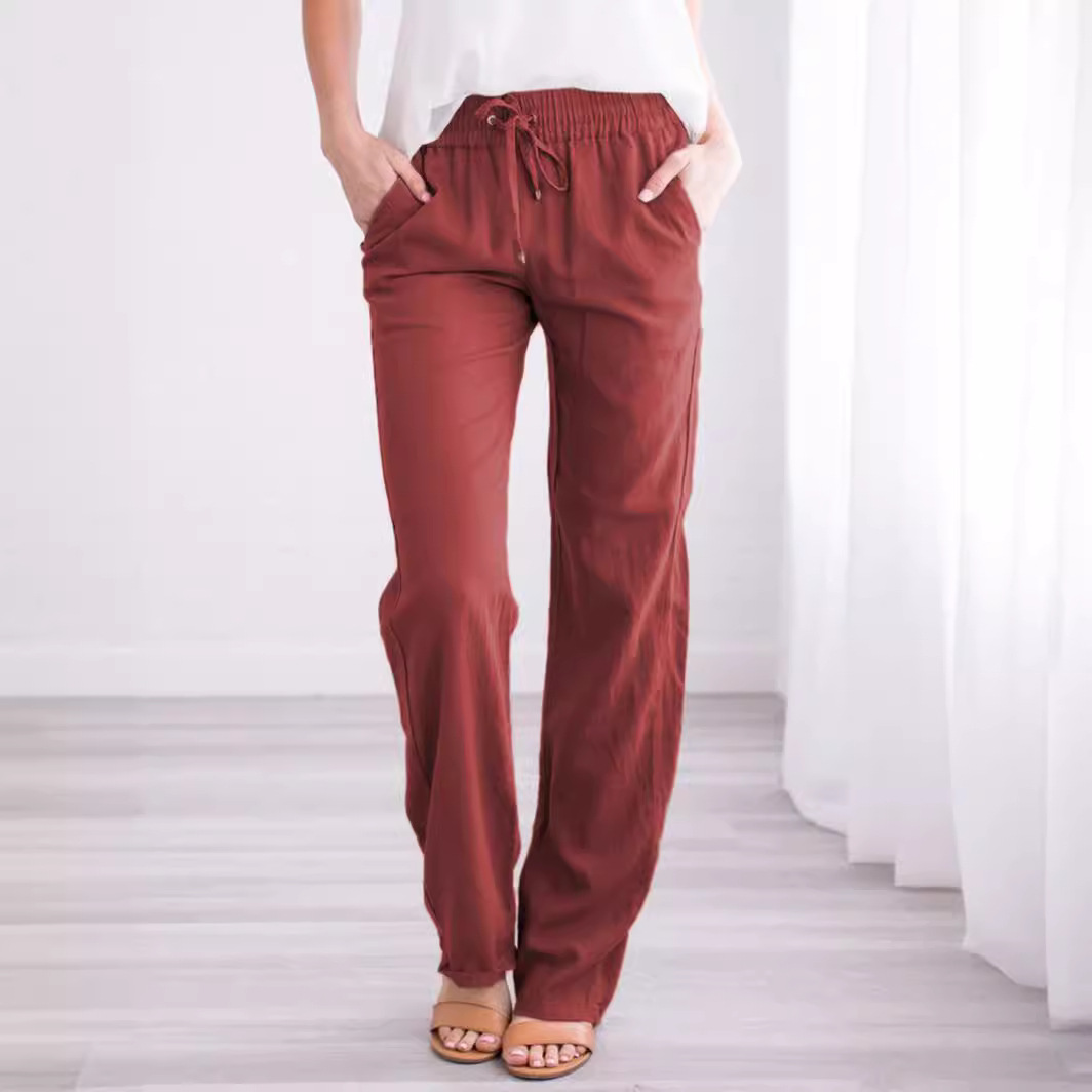 Picture of 2025 Cross-Border Ebay Amazon Wish Spring and Summer New Pure Color Cotton and Linen Loose Drawstring Casual Wide-Leg Pants for Women