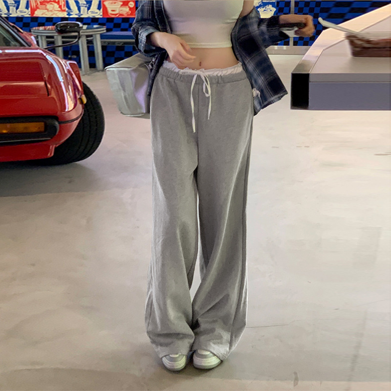 South Korea Dongdaemun Trendy Wood-ear Color Contrast Lace-up Loose Slimming All-match Elegant Fashion Casual Straight Pants for Women