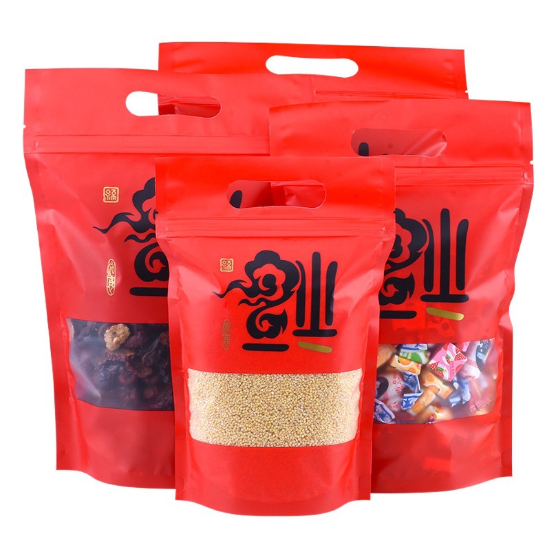 New Year gift packaging bag candy dried fruit frosted window self-standing self-sealing bag plastic red festive sealed bag