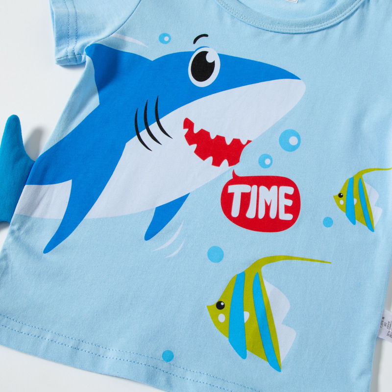 Picture of Customized New Children's Short-sleeved Cartoon Shark Top Boys' Pure Cotton T-shirt Summer Summer Dress One Piece Take Sample