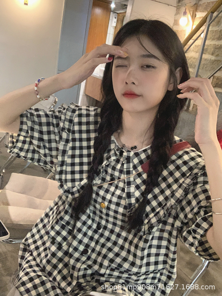 French Retro Japanese Style Plaid Short-sleeved Doll Collar Shirt Women's 2025 Summer Loose Casual Short-sleeved Shirt Top