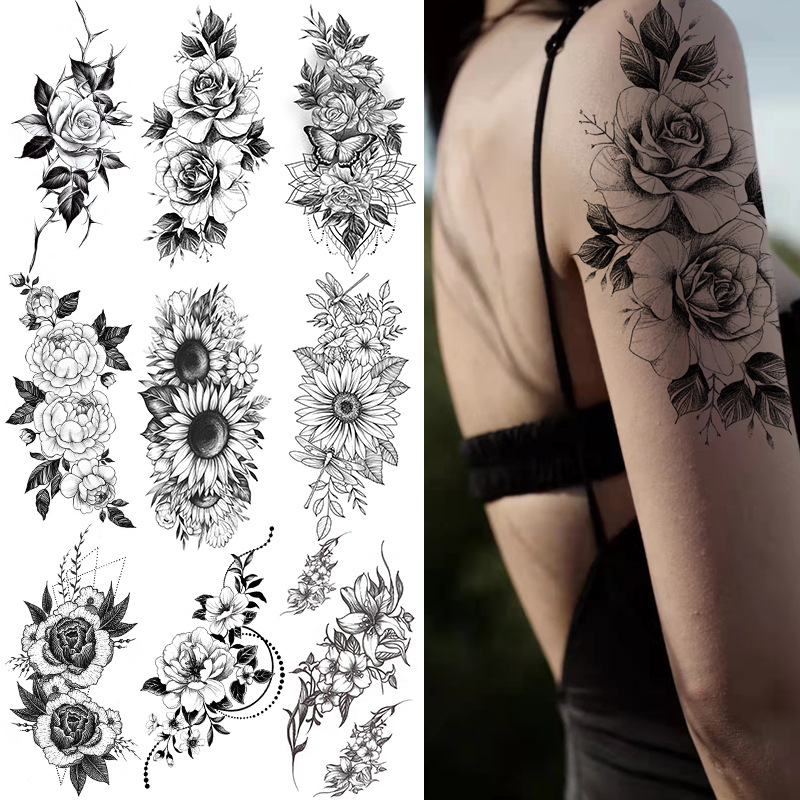 Picture of Cross-Border Supply of Sketch Flower Tattoo Stickers, Sketch Tattoo Stickers, Rose Flower Black and White Flower Tattoo