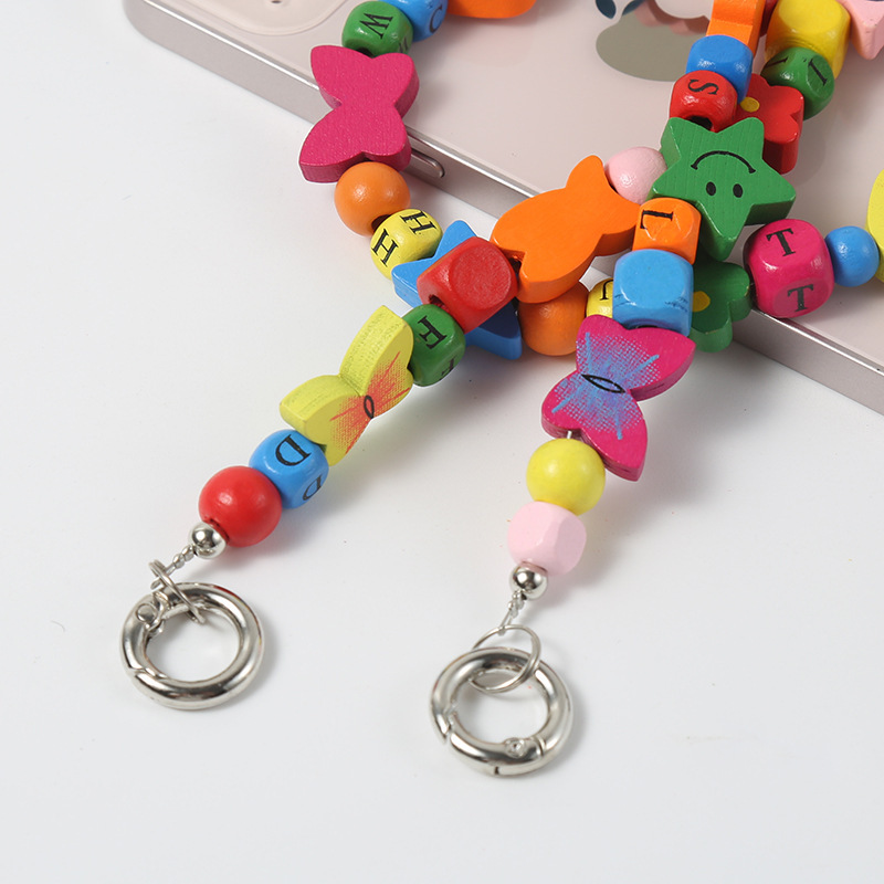 Picture of Wooden Bead Crossbody Chain DIY Phone Case Chain Crossbody Beaded Heart Plum Blossom Butterfly Smiley Face DIY Creative