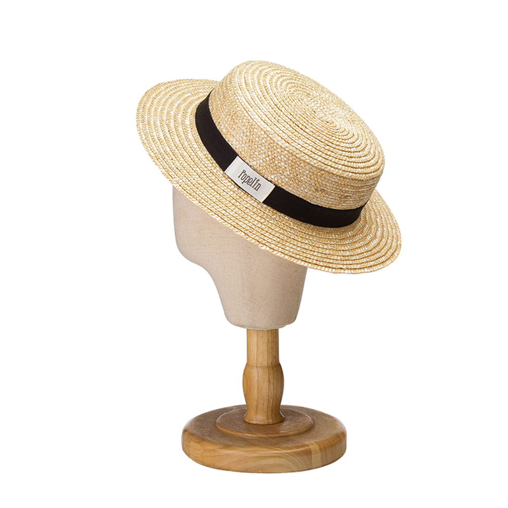 Children's Spring and Summer New Ribbon Decoration Retro Shallow Flat Top Wheat Straw Top Hat Sunshade Sunscreen Concave Shape Flat Top Hat