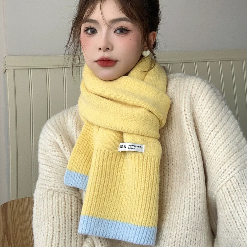 New Korean Style All-match Knitted Contrast Color Soft Waxy Scarf Women's Winter Fashion All-match Warm Student Thick Scarf Cold-proof