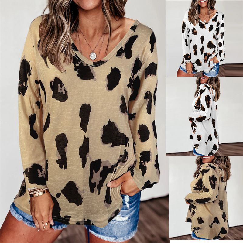 2024 Amazon Spring and Autumn New Leopard Print Long Sleeve Pullover European and American Large Size Loose Casual Bottoming Top for Women