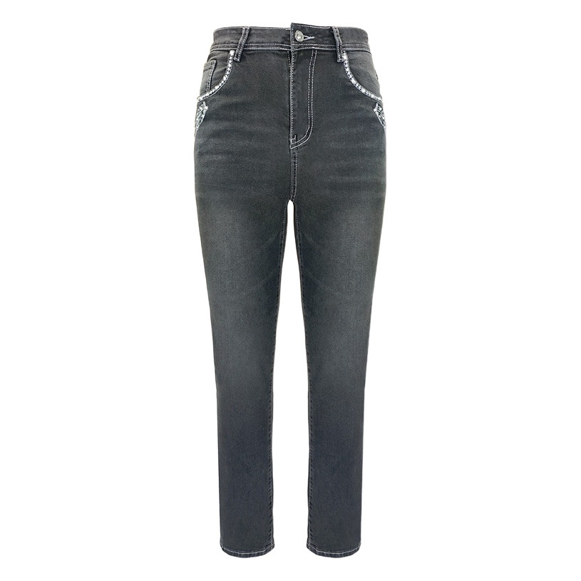 European Station Foreign Trade Jeans Street Trend Hot Drilling Stretch Slim-fit Embroidered Skull Small Straight Pants Women's Trousers
