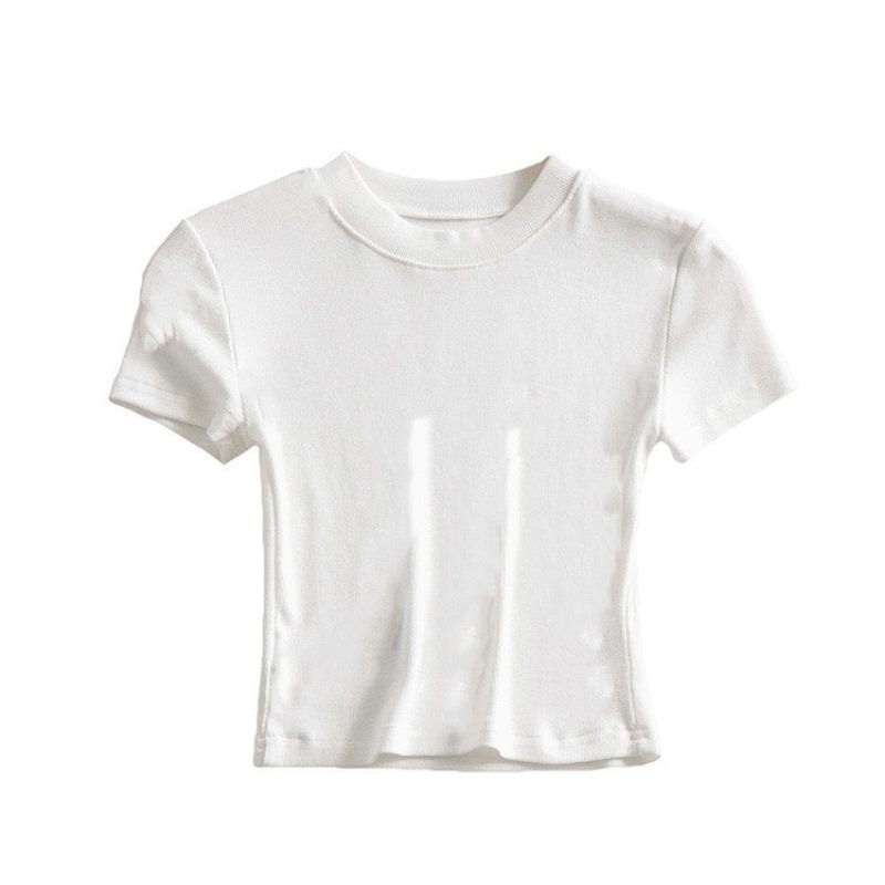 Picture of Hot girl sexy tight chest slimming round neck short sleeve t-shirt women's summer slim fit ins short navel bottoming solid color top fashion