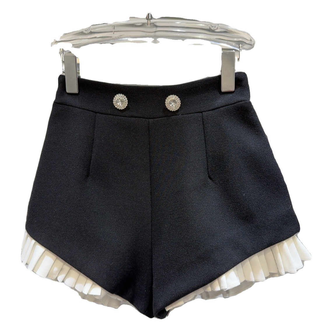 Women's Wide-leg Shorts with Diamond Button Suit for 2024 Summer New Color Contrast Pleated A- shaped Casual Pants Hot Pants