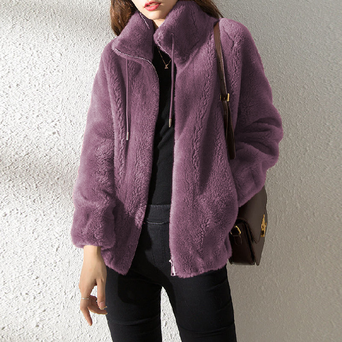 Picture of Women's Winter Outwear Fleece-Lined Thickeneded Double-Sided Coral Velvet Stand-Up Collar Warm Sweatshirt Elegant Cardigan Zipper Fleece Top