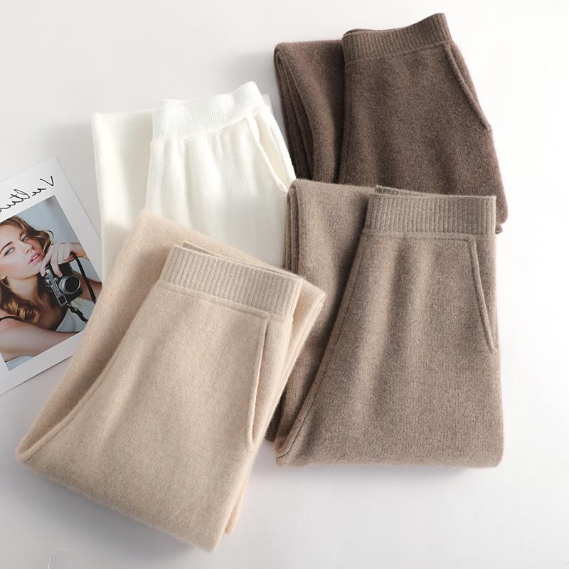 Eer Autumn and Winter Imitation Wool Knitted Loose Straight Pants Women's Cashmere Wide Leg Pants with Pocket