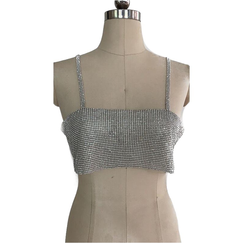European and American Full-Diamond Sling Umbilical Extra-short Vest Low-cut Diamond-encrusted Sling Wrapped Chest with Lined Fabric