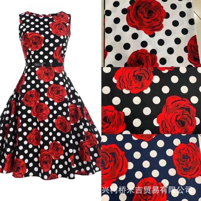 Cotton active twill stretch women's clothing dress printed cloth dot rose retro pants printed material