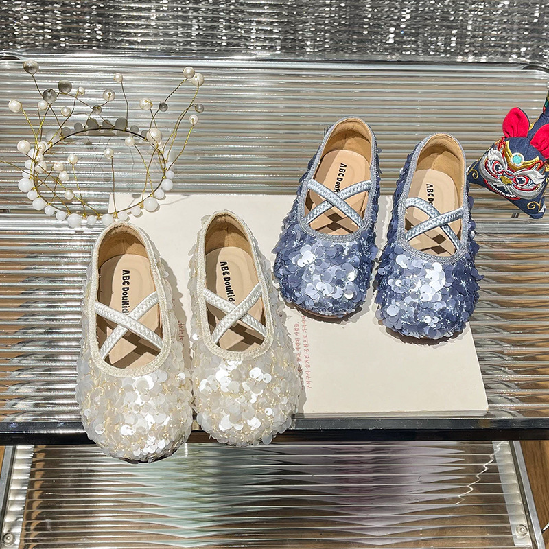 Girl's Small Leather Shoes 2025 Spring New Children's Korean-style Sequined Princess Shoes Little Girl's Slip-on Soft-soled Single-layer Shoes
