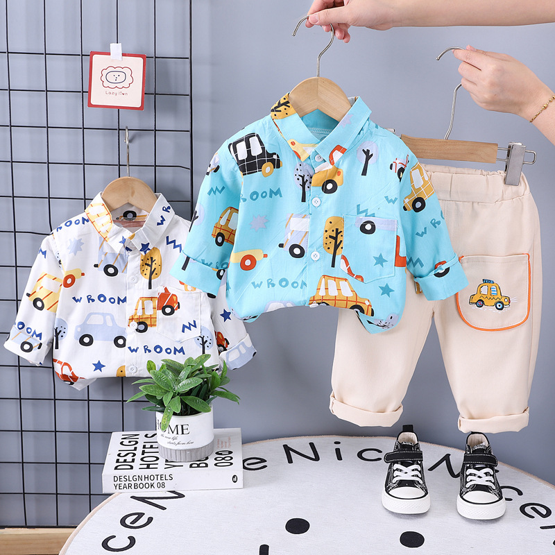 New children's spring and autumn suit baby fashion full printed car long sleeve two-piece set children's spring and autumn leisure suit