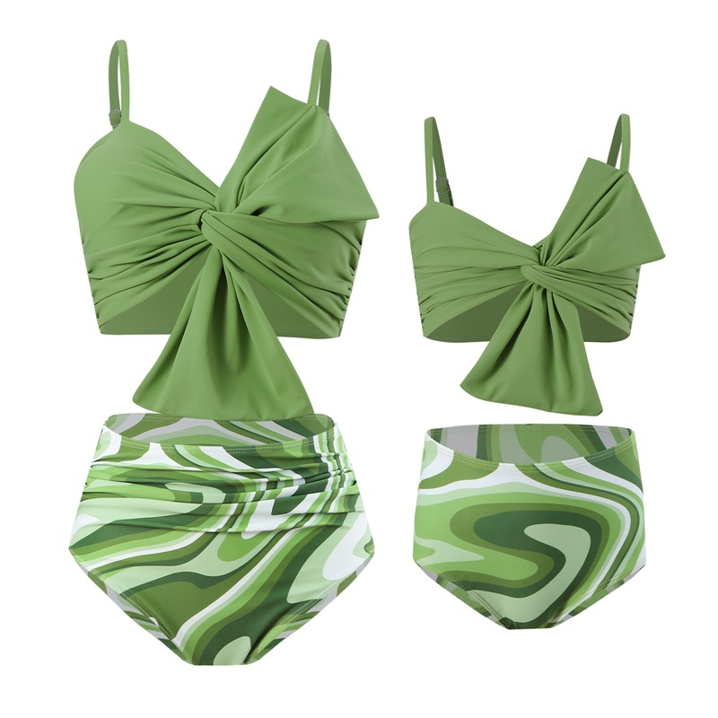 Picture of New European and American swimwear wholesale solid color large bow bikini Huludao printed swimming trunks parent-child split swimsuit
