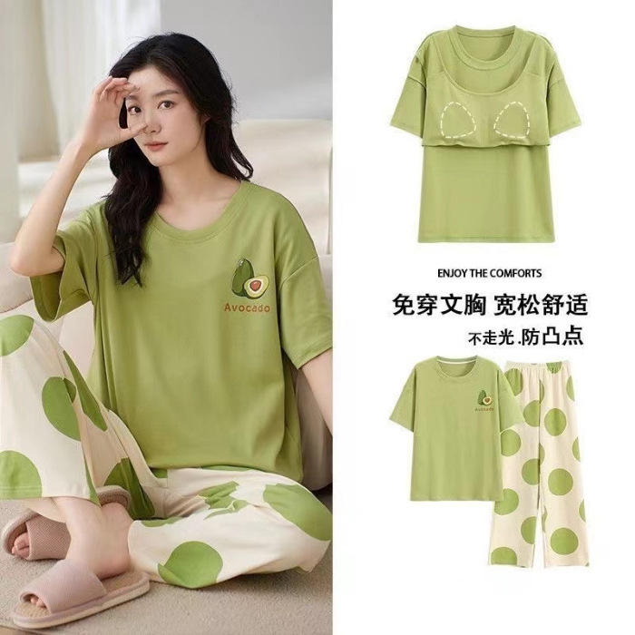 Spring and Autumn Pajamas Women's Sweet Short-sleeved Pants with Chest Pad Summer Loosen Thin Outer-Wearing suit