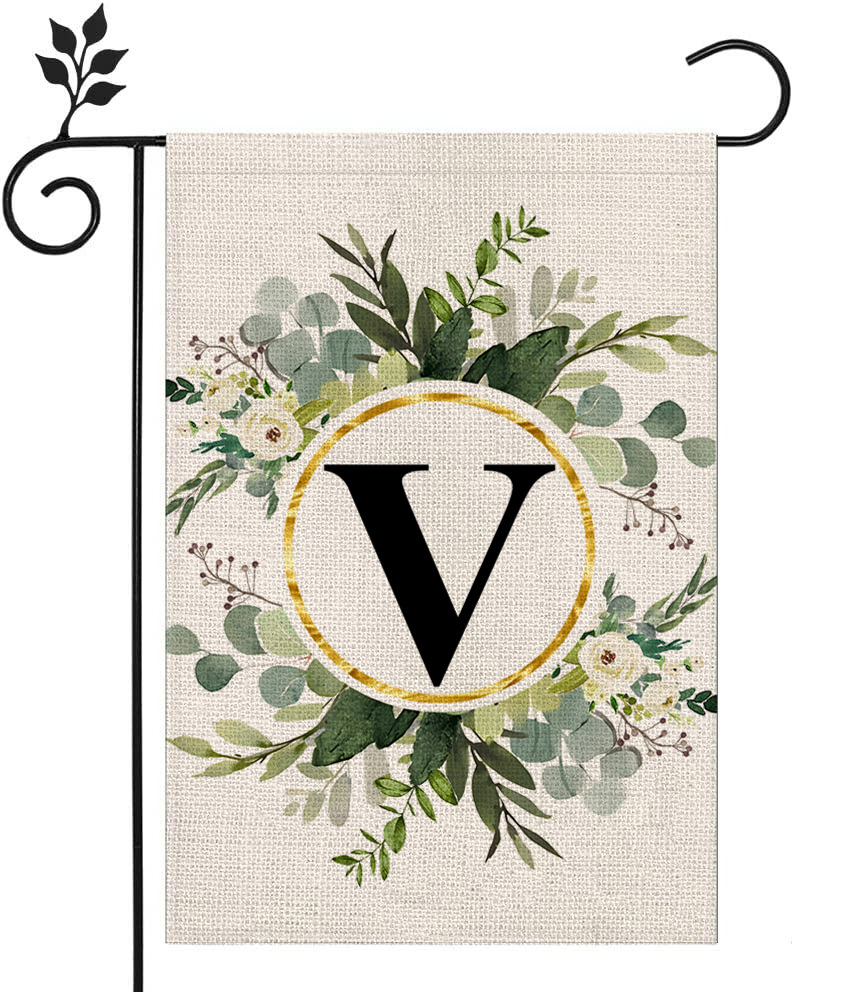 Picture of Simple ins style 26 letters + green plant printed linen garden flag surname initials courtyard door flag