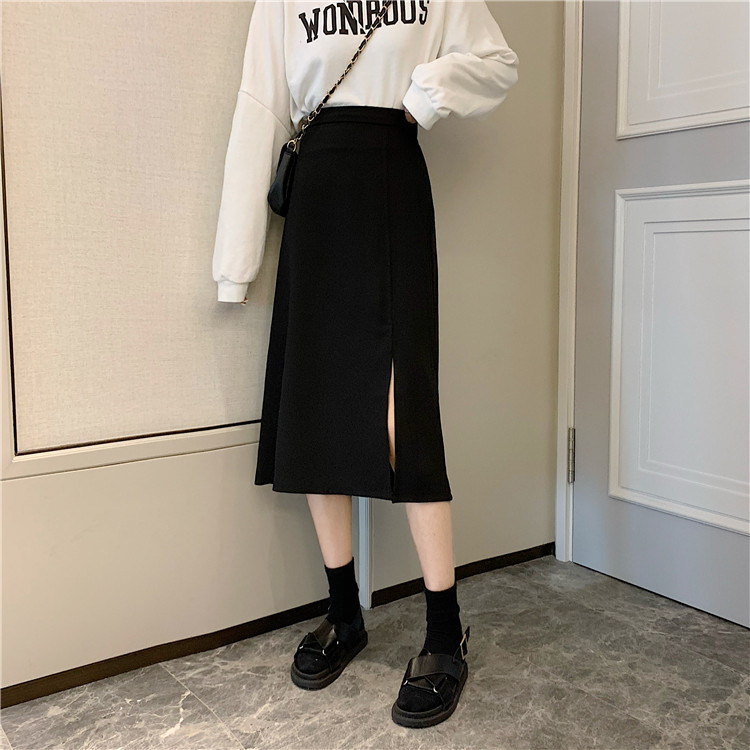 New Suit Fabric Mid-length Skirt Women's Summer Black Slimming High Waist A- shape Dipped Split Elegant Skirt