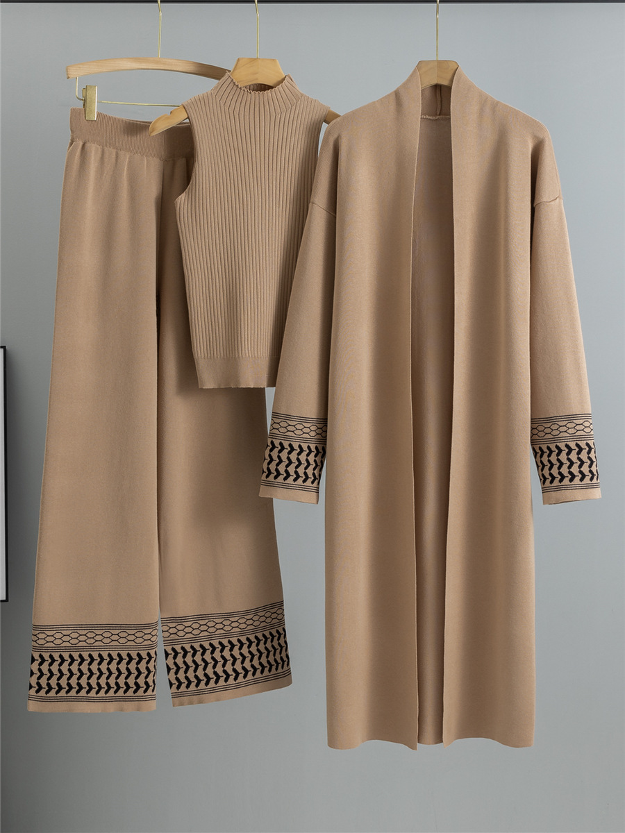 European Cross-Border Lazy Temperament Knitted Suit Women's New Vest Sweater Cardigan Wide-Leg Pants Three-Piece Set