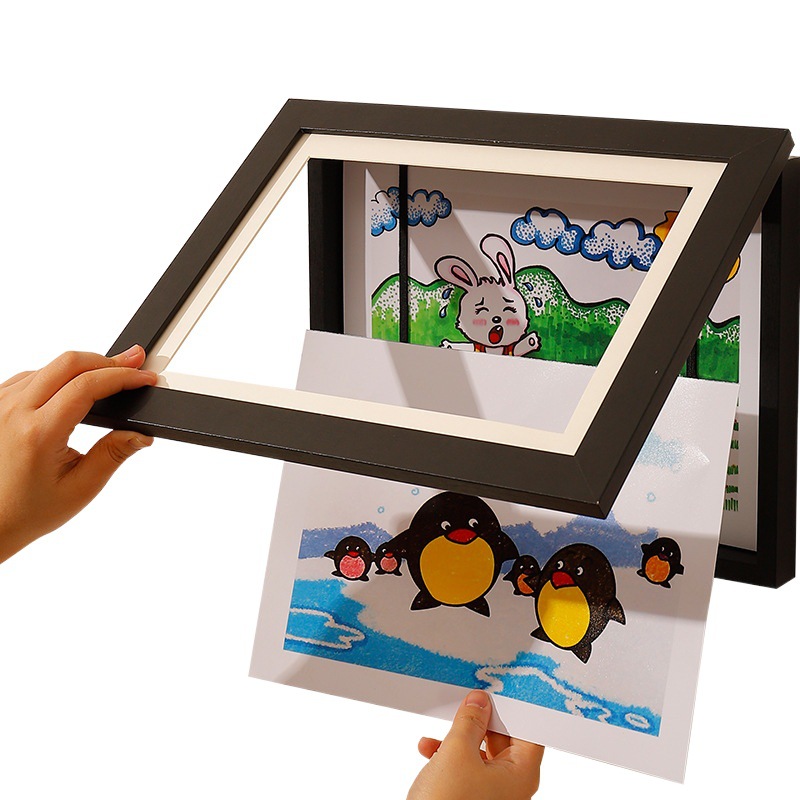 Children's storage picture frame hanging dual-use magnetic flip durable wooden photo frame children A4 graffiti art photo frame
