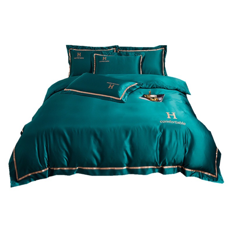 New 60S Washed Silk Four-Piece Set, Accessible Luxury Embroidered Ice Silk Quilt Cover, Bed Bed Sheets, Fitted Bed Sheets, Silky Naked Sleeping Set