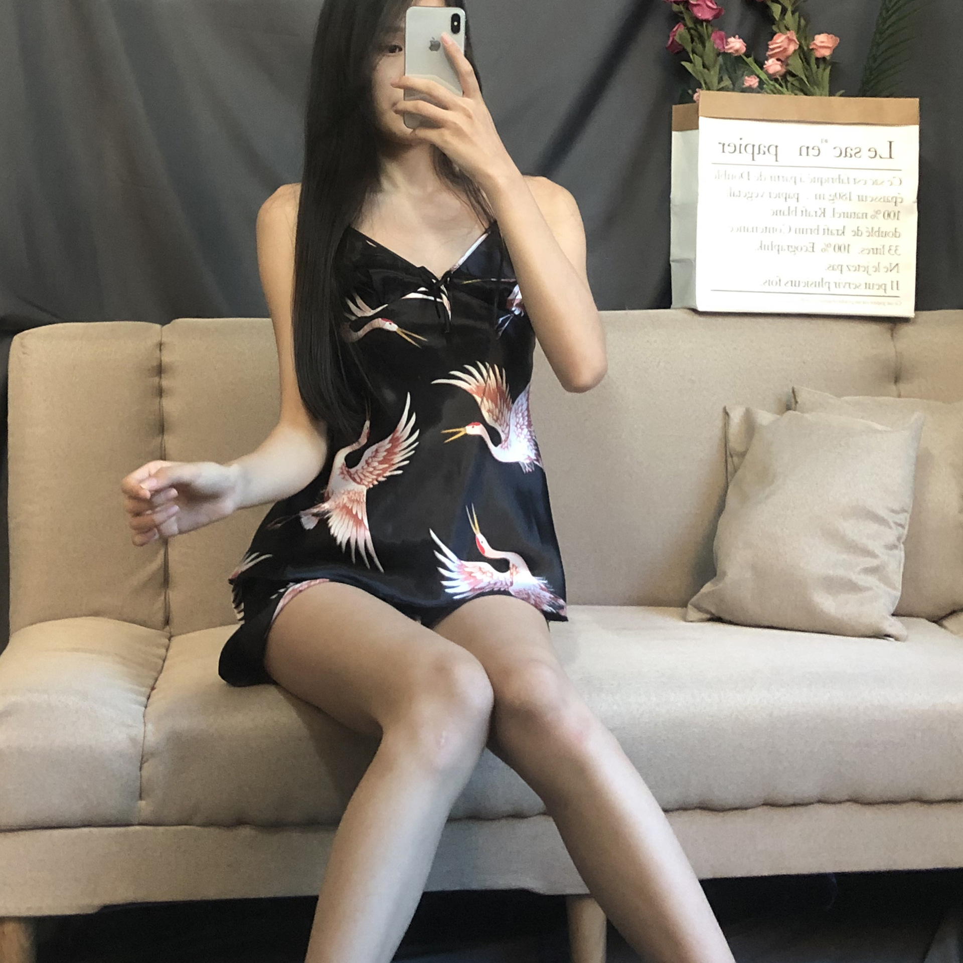 Picture of Cross-border crane nightgown shorts large size suspender skirt set ice silk nightgown set factory outlet