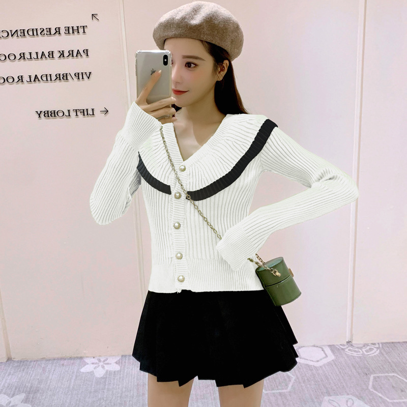 Large Lapel Knitted Cardigan Women's Spring and Autumn V-Neck Long-Sleeved Slim-Fit Short Sweater Coat Sweet Student Outer Top