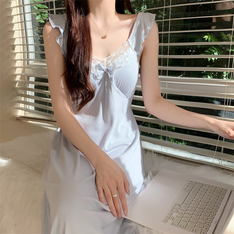 Summer Pure Desire Style Lace Pajamas Women's 2025 New Style Cool Sling Long Nightdress Sexuality Belt Chest Pad Home Clothes