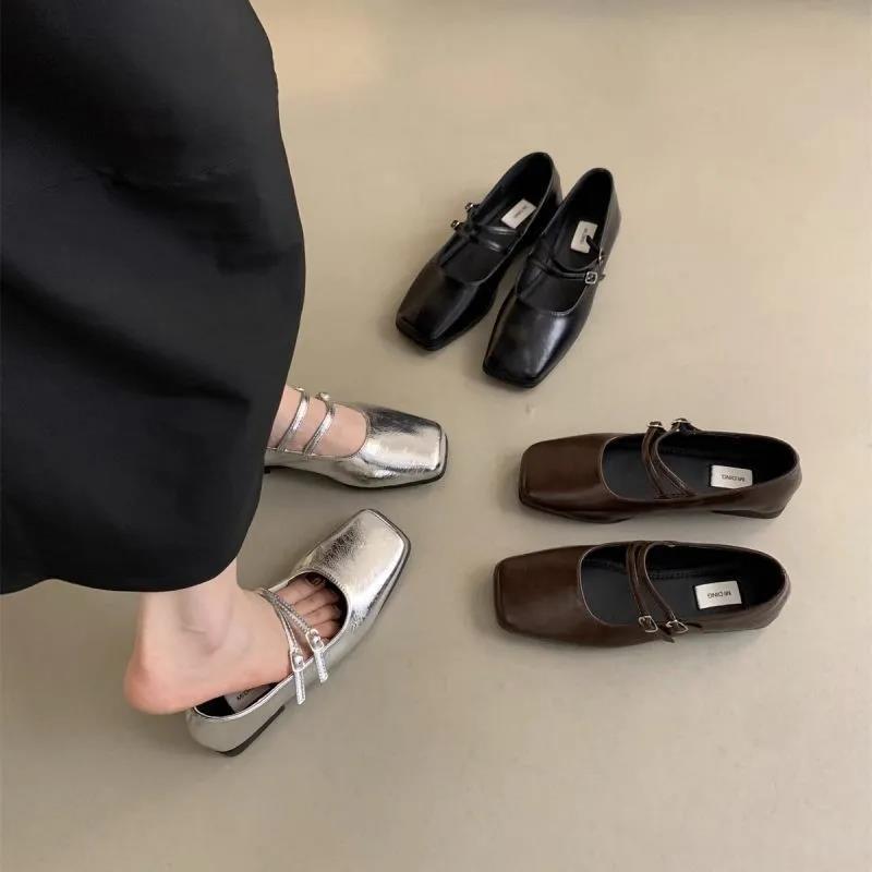 French Style Square Toe Shallow Mouth Shoes Women's 2024 Spring New Korean Style French Style Elegant Fairy Soft Flat Mary Jane Shoes