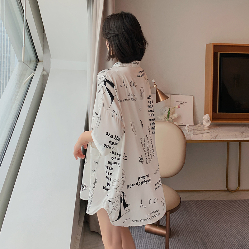 Women's Summer Ice Silk Sexy Thin Long Sleeve Boyfriend Style White Shirt Long Home Clothes Spring and Autumn Pajamas 192