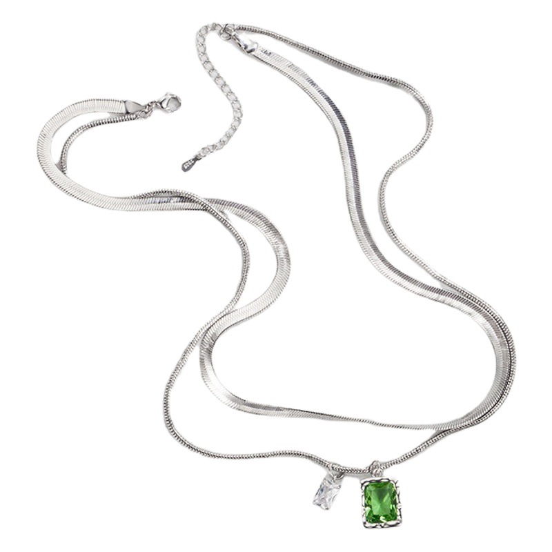 babe Same Style Green Snake Bone Chain Necklace Gem Niche Zircon Clavicle Chain Double Layer Stacked 2022 New Style