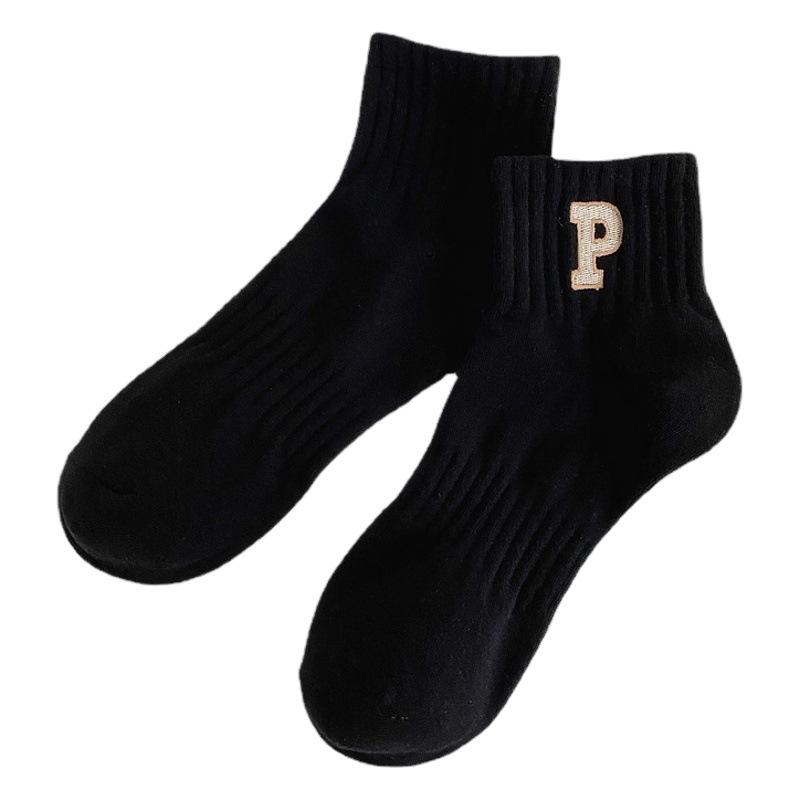 Socks Boat Socks Women's Shallow Mouth Anti-Falling P Letter Combed Cotton Embroidered Women's Socks Wholesale Xiaohongshu