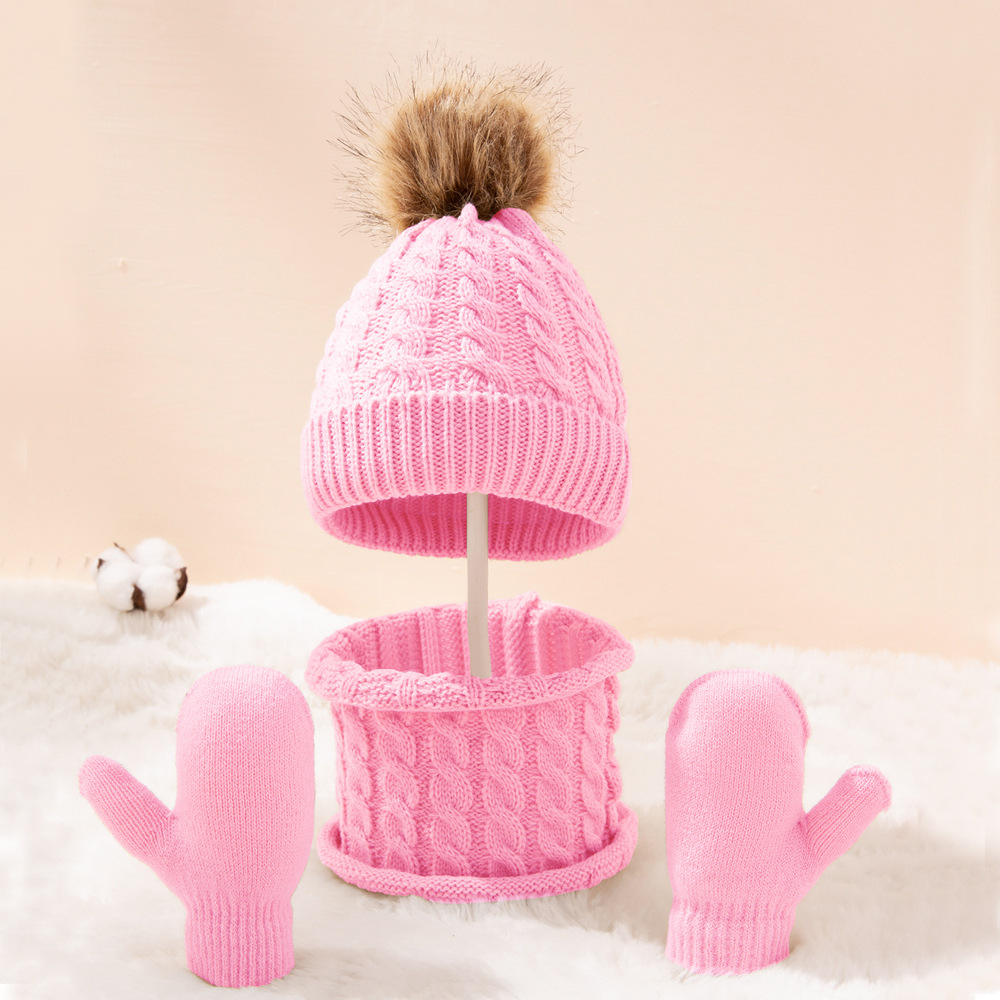 Picture of New wool monochrome twist warm children's hat scarf gloves two or three-piece spot children's hat set
