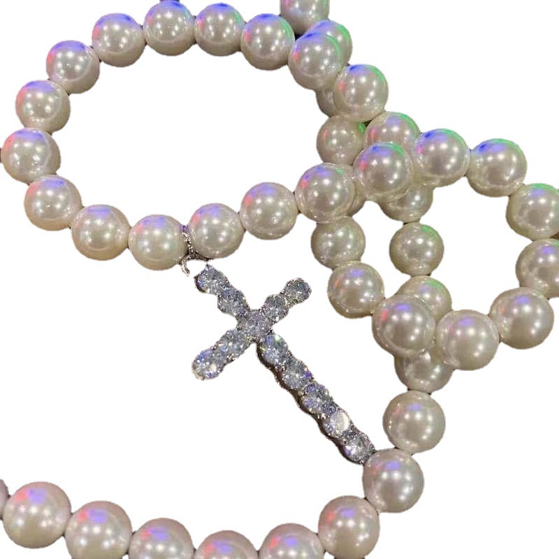 Picture of Japanese and Korean ins cold style pearl necklace men and women trendy cool personality diamond cross pendant couple jewelry manufacturer