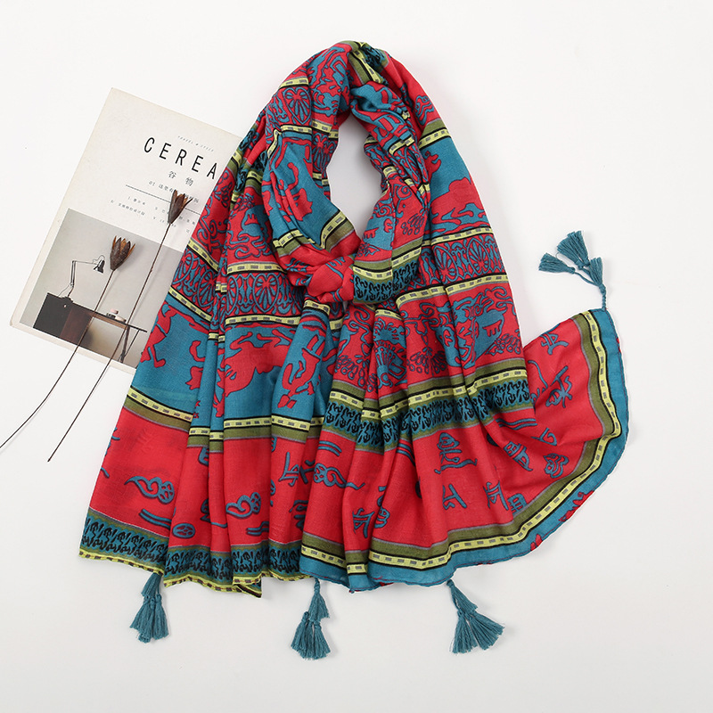 Picture of New Artistic Fresh Cotton and Linen Retro Tassel Scarf Women's Printed Beautiful Silk Scarf Japanese Sunscreen Shawl