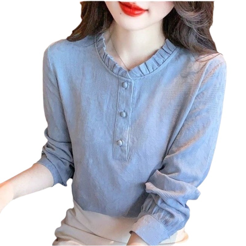 Shirt Women's Jacquard Lotus Collar Spring New Cotton All-match Base Shirt Slimming Long-sleeved Small Shirt Top