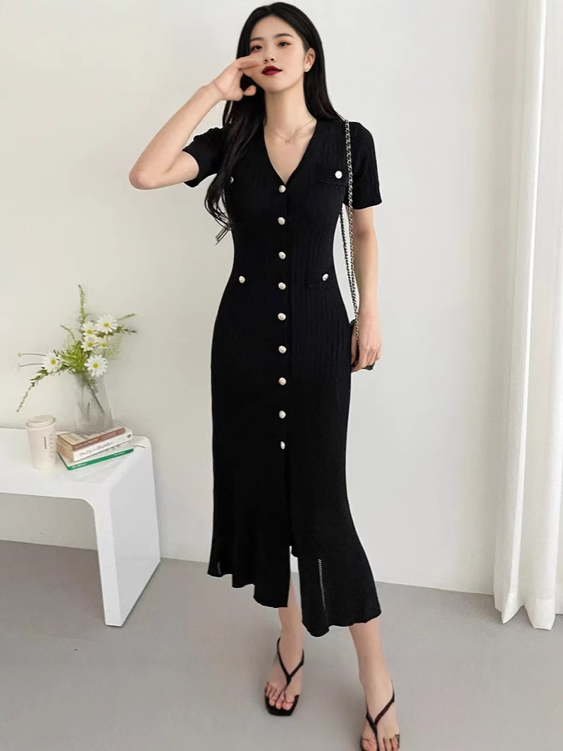 ED home 2025 spring and summer cross-border women's ice silk high waist temperament slim short sleeve split long knitted dress