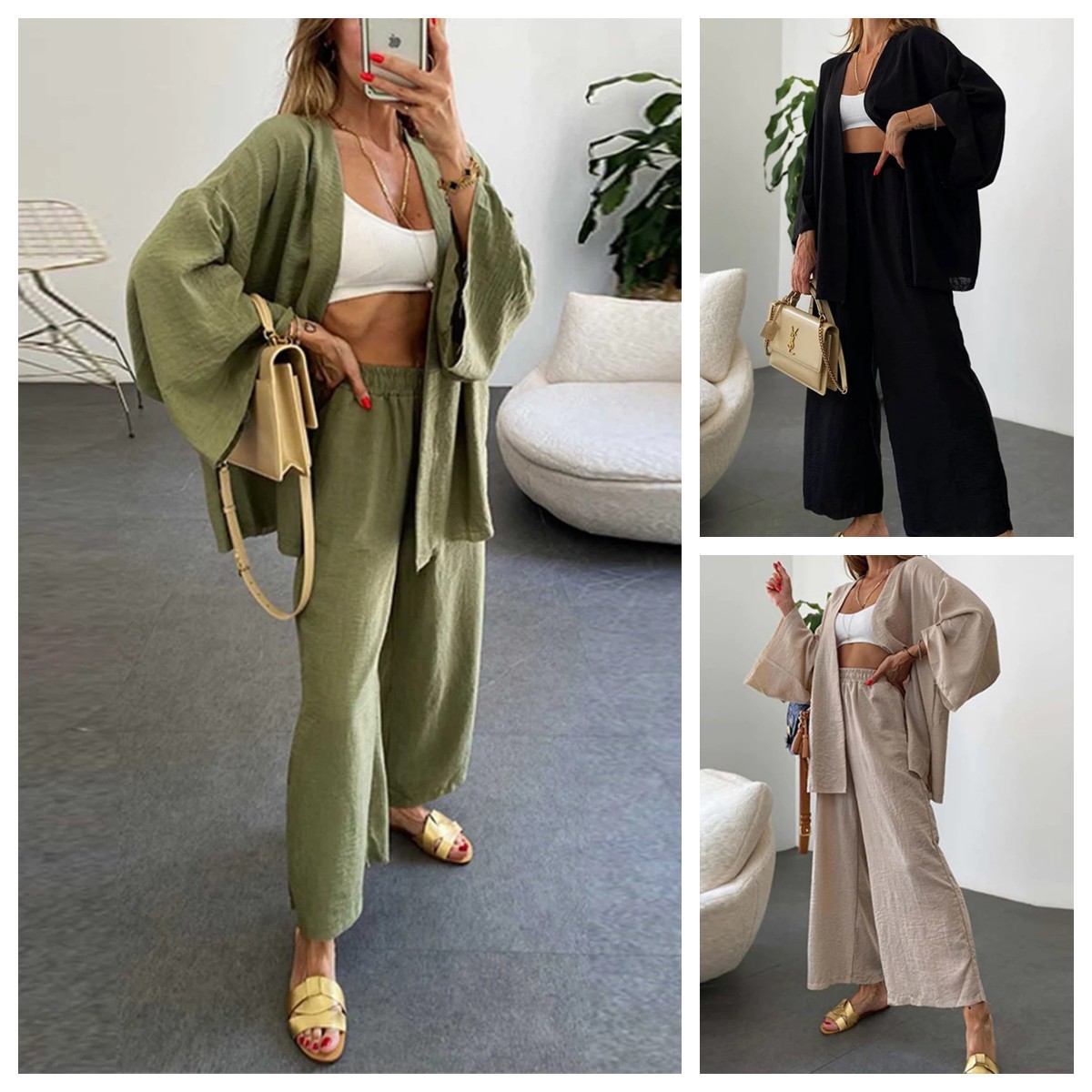 2024 Foreign Trade Cross-border New Women's plus size Wide-leg Pants suit Solid Color Loose Casual Elegant Two-piece Set for Women