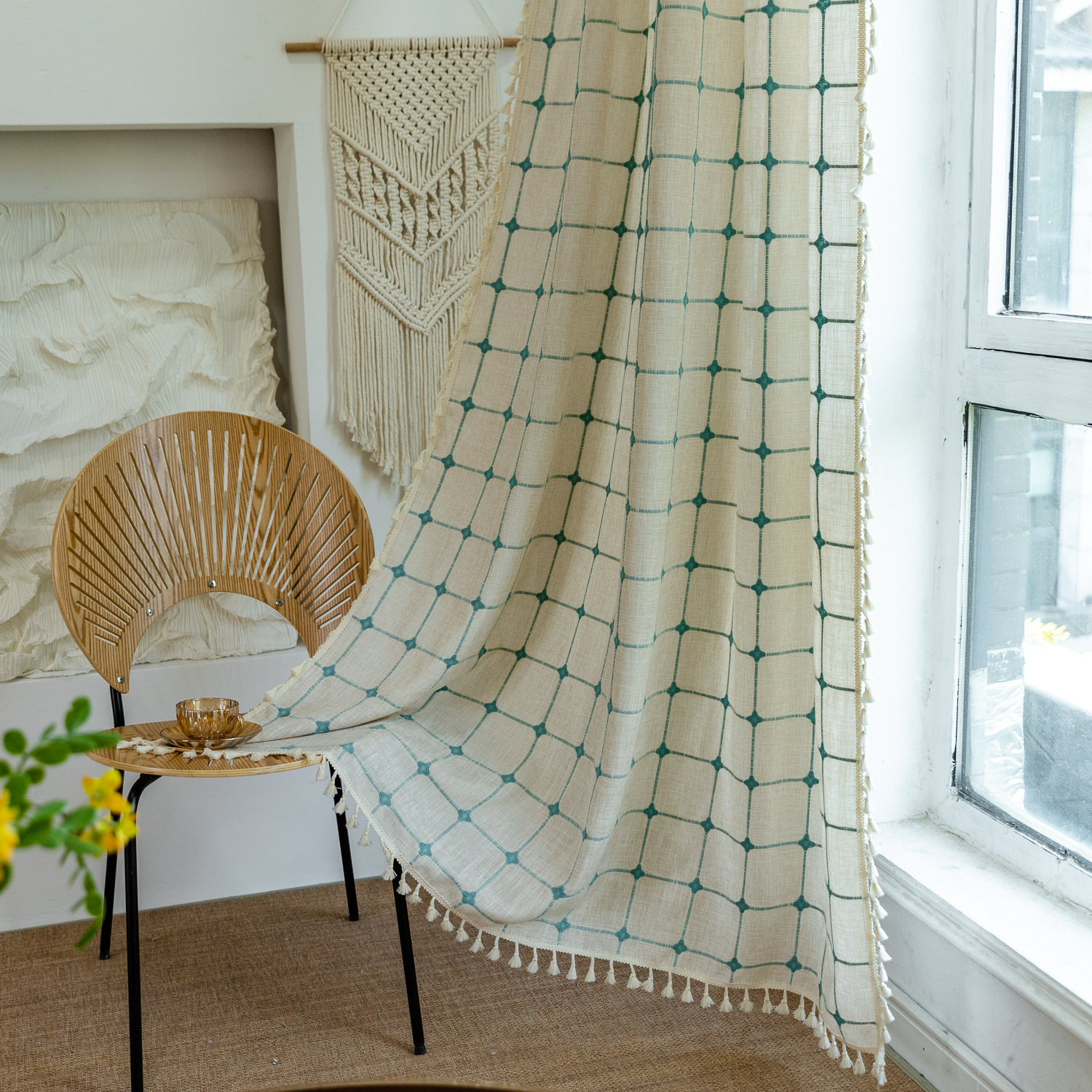 Picture of US Amazon New Cross-border Curtain Finished Decoration Living Room Bedroom Tassel Brown Square Plaid Short Curtain