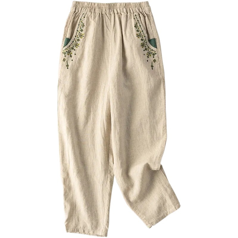 Women's Cotton and Linen Vintage Embroidered Radish Pants 2024 Summer New Hallen Pants Loose Spring and Autumn All-match Casual Ankle-length Pants