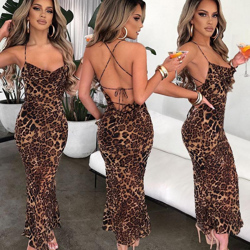 2024 Amazon European and American style women's new summer leopard print sexy backless slim mid-length dress nightclub dress
