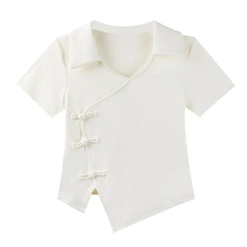 Picture of Summer Unique Chic Short Design Retro Chinese Button Top Women's Trendy Short-sleeved T-shirt Women's All-match Slimming