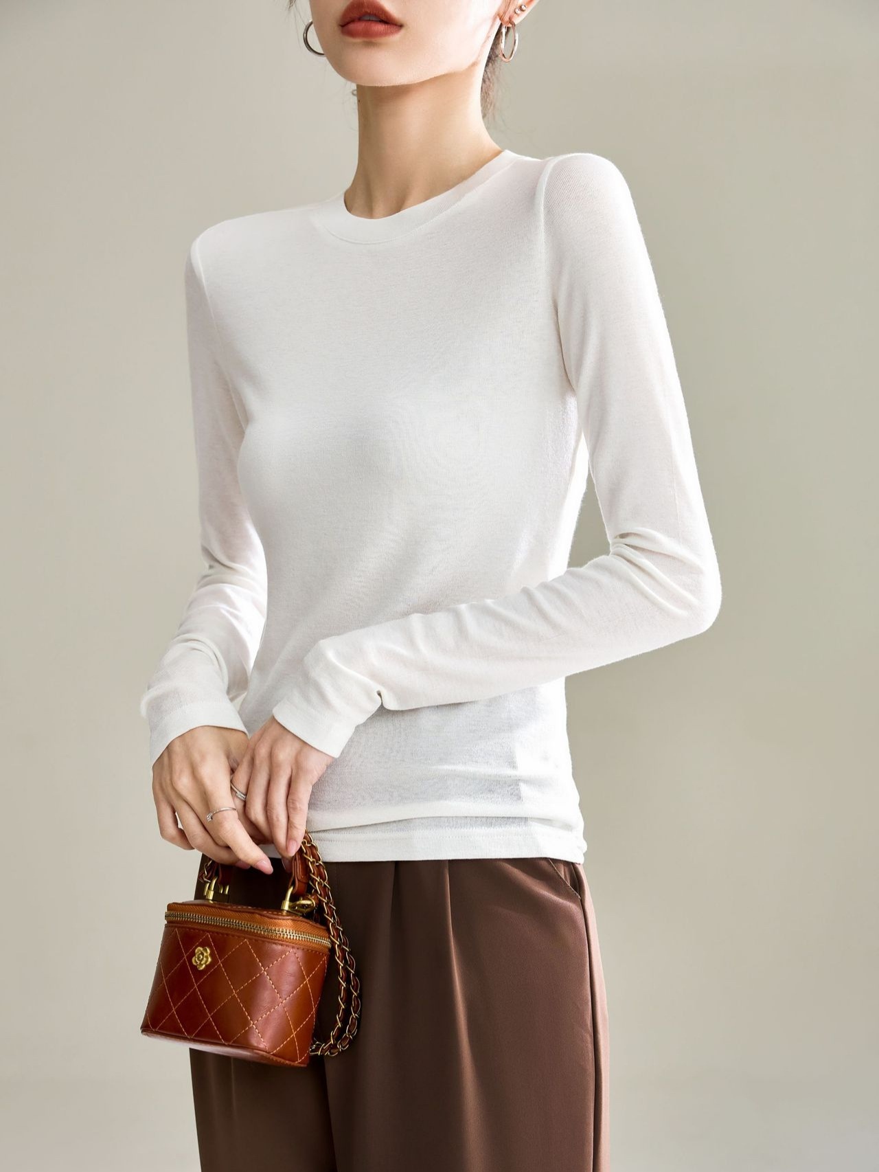 Softening Tencel Wool Long Sleeve Mask Bottoming Shirt Women's Autumn and Winter Plaid Easiest for Match Casual Lazy T-Shirt Top