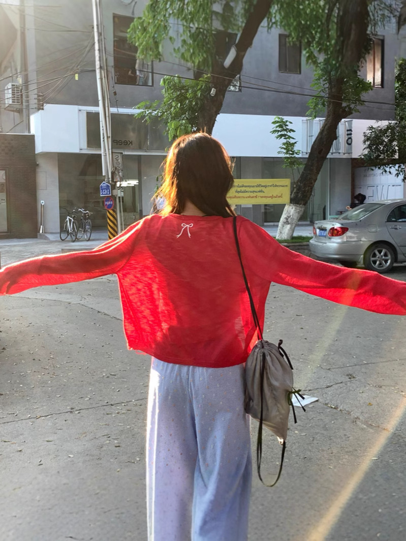 Cross Border Bow Embroidered Red Short Knitted Coat Women's Summer New Thin Air-conditioning Shirt Sunscreen Shawl Cardigan