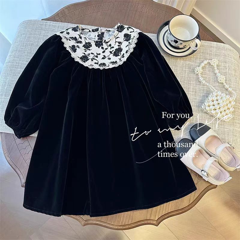 Picture of Girls' Hepburn Style dress Spring and Autumn Vintage Velvet Princess Dress Children's Korean Long Sleeve Floral Skirt