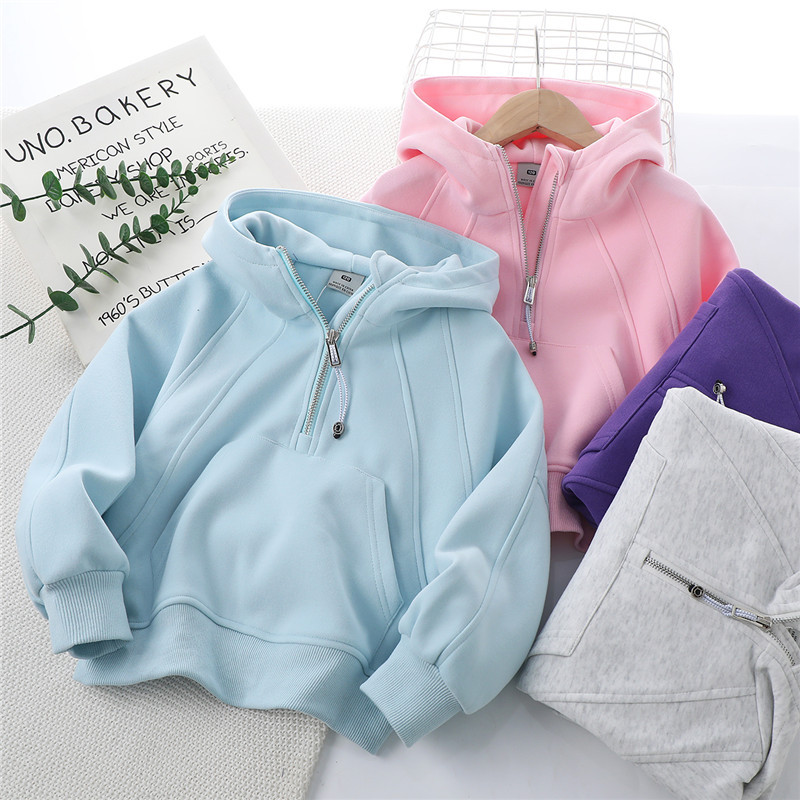 Girls' Coat Autumn and Winter Children's Clothing New Children's Coat Mid-Big Children's Top Half Zip Hooded Sweatshirt Children's Sweatshirt