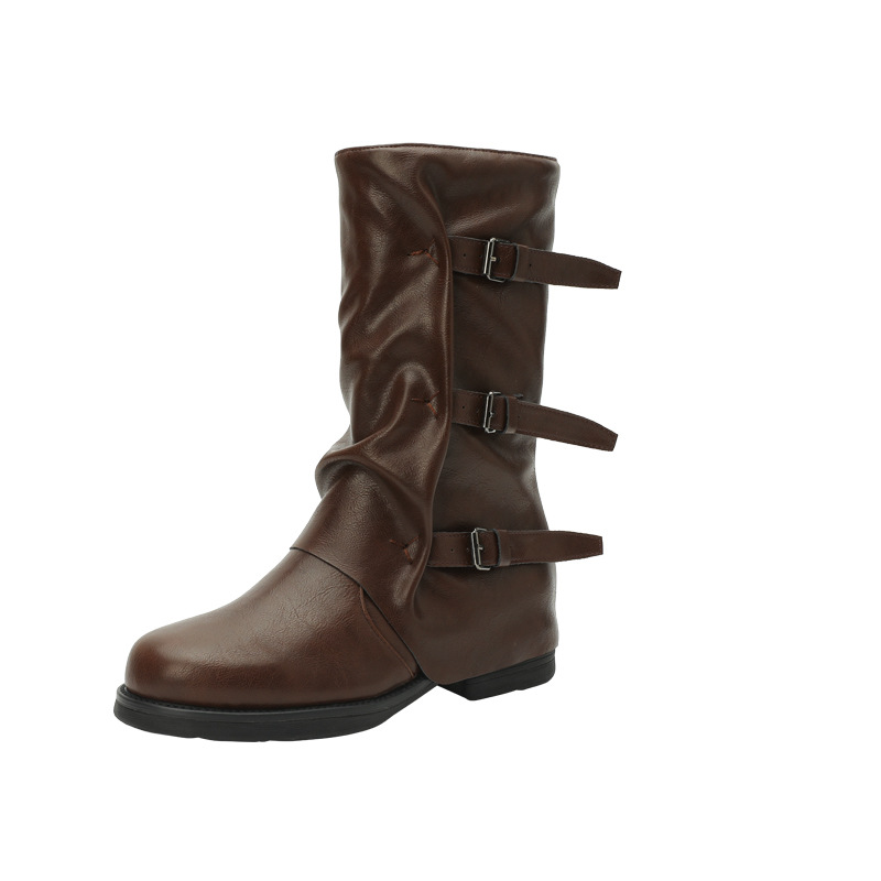 Picture of Belt Buckle Pleated Mid-Boots Women's Autumn and Winter Outer Wear Retro Punk Side Zipper trouser Boots Western Style Cowboy Boots