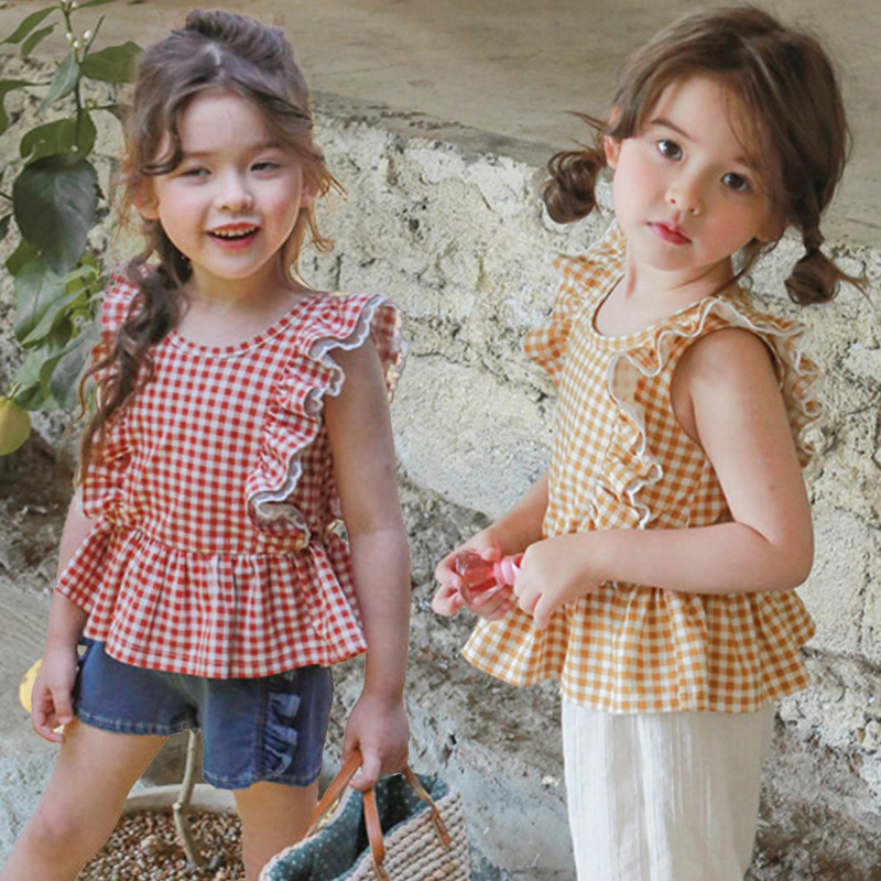 Picture of Girls Plaid Ruffle Vest 2024 Summer Sleeveless Babydoll Shirt 3-10 Years Old Kidsren Pure Cotton Edge Shirt