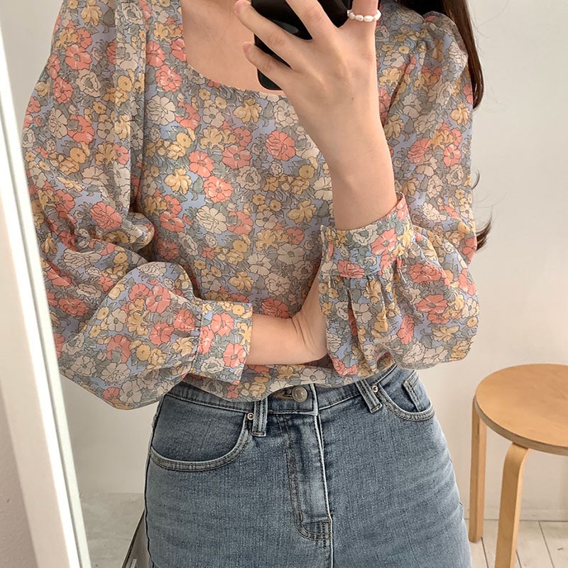 Korean chic Vigor Girl's Autumn Sweet Age-reducing Floral Vintage Square Collar Long-sleeved Shirt Loose Chiffon Top